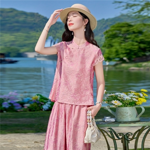 2026夏季新款新中式风盘扣提花蕾丝上衣女修身显瘦气质套裤图片