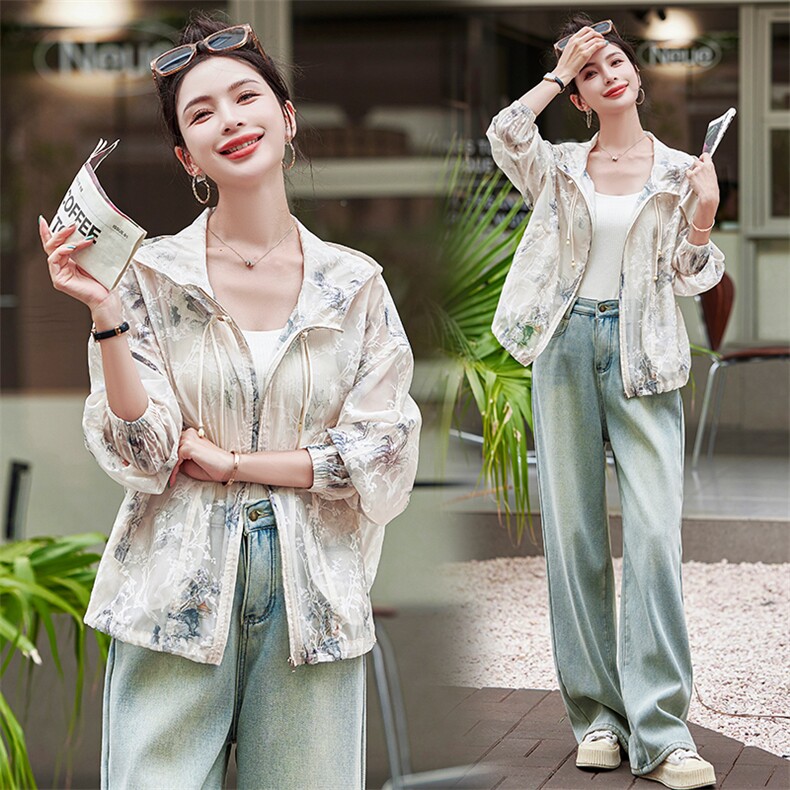 轩轩魅丽依族8825复古水墨印花休闲宽松连帽防晒服薄外套春夏新,女装防晒衣,雅静靓衣