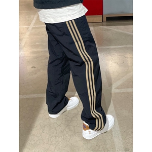 07qwer黑色三条杠裤子春秋直筒侧边条纹速干运动裤户外工装裤男款图片