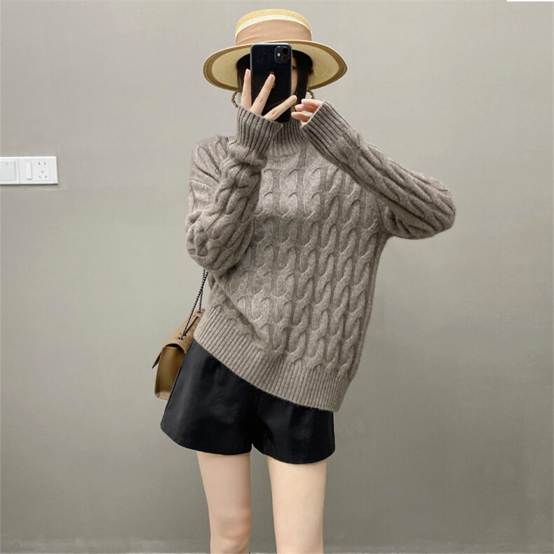 重磅三股加厚小baby山羊绒衫女24秋冬新款半高领宽松麻花针织上衣，女装羊绒衫，织绒羊