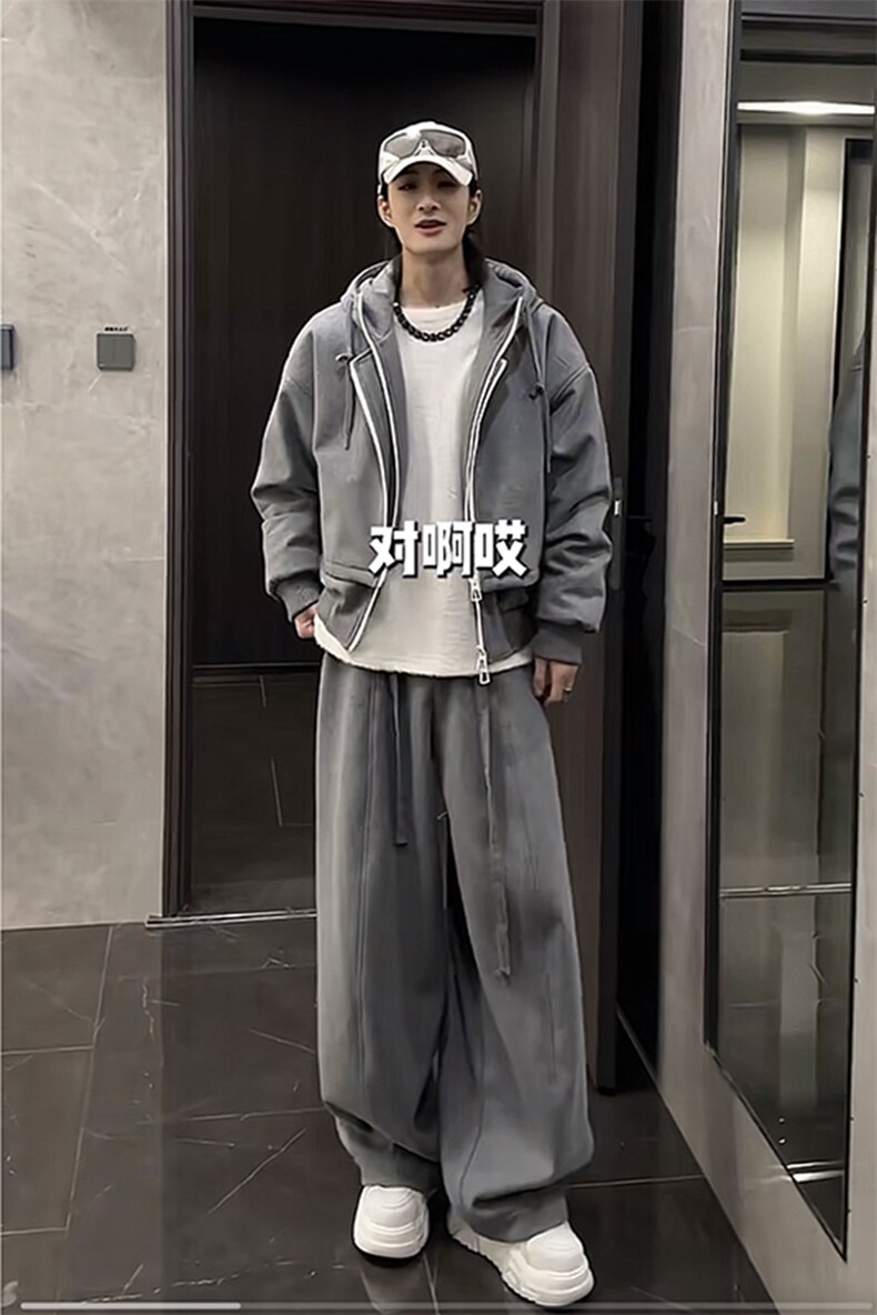 抖音冬季假两件连帽棉衣阔腿裤套装男W356-P178K356-P88网图,男装棉衣,电商B267