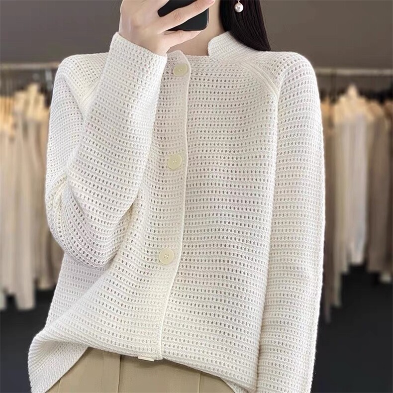 2025春秋新款立领100%纯羊毛开衫女宽松气质毛衣百搭羊绒针织外套,女装羊绒衫,以美红杉羊绒