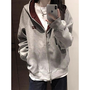 美式撞色刺绣连帽卫衣男女款潮双拉炼开衫外套休闲上衣WYD04 P52图片