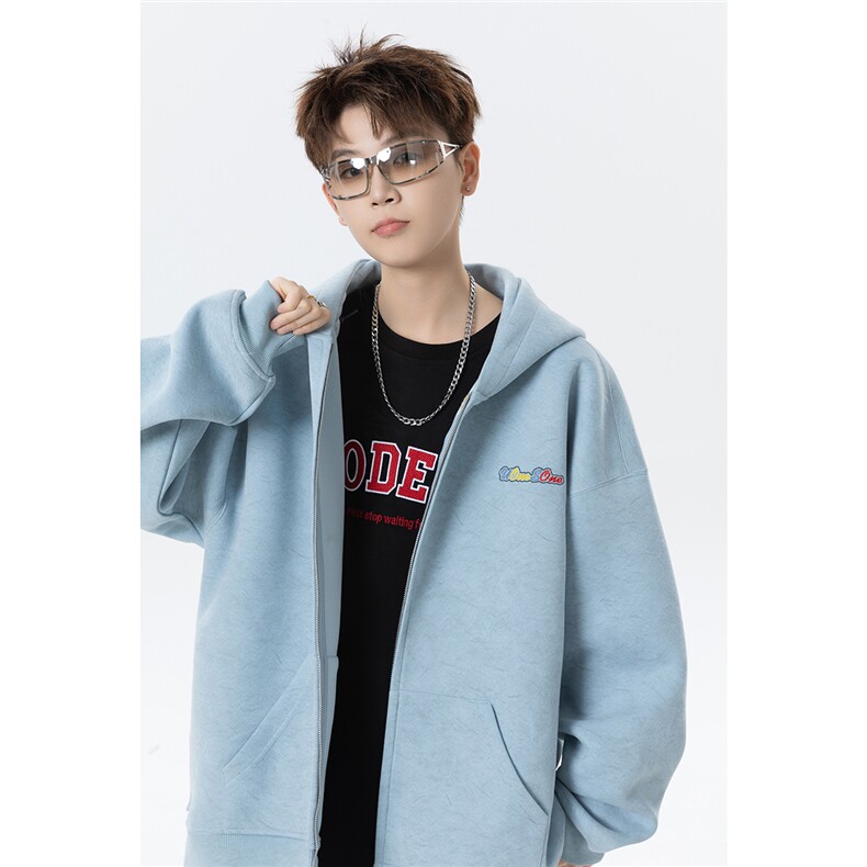 同底同色 秋冬450克加厚砂洗做旧双头拉链开衫连帽卫衣特P78限118图片