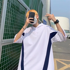 夏季七分袖男连帽卫衣宽松大码日系潮撞色仿亚麻五分短袖带帽上衣，男装卫衣，星座1013