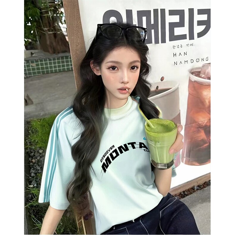 抖音得物品质二开240克宽松纯棉美式潮牌印花三条杠中性风短袖T恤,男装T恤,电商A486-1
