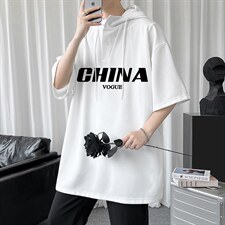 LD54001-P45连帽短袖t恤男大码胖子带帽五分袖中袖，男装T恤，电商A040