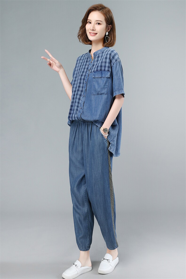 2021夏季新款简约时尚气质格子拼接水洗牛仔套装,女装套装/套裙,叶笙衣