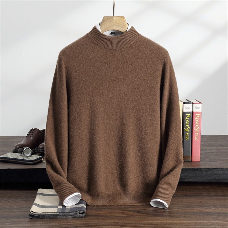 秋冬季35%羊绒休闲商务简约百搭七针平面半高羊绒衫男装，男装羊绒套衫，纳丰羊绒