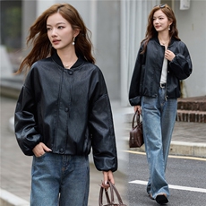 休闲棒球服免洗皮衣外套女2025秋季新款时尚减龄宽松百搭夹克上衣，女装皮衣，魅衣本色