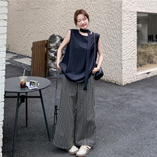 轻熟穿搭无袖背心上衣套装女夏新款时尚洋气轻薄条纹阔腿裤两件套，女装套装/套裙，2C090