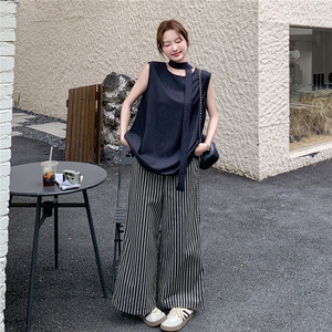 轻熟穿搭无袖背心上衣套装女夏新款时尚洋气轻薄条纹阔腿裤两件套图片