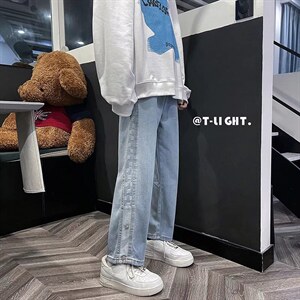 春秋牛仔裤男直筒宽松高街潮牌ins韩版潮流复古排扣裤子NK331-p40图片