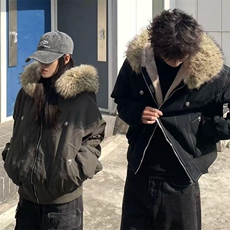 现货重磅boxy短款棉衣座山雕大毛毛领男女棉服水洗工装厚外套，男装棉衣，电商A486