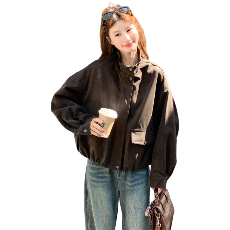 棕色美式复古小个子立领短外套女2025秋季美拉德休闲百搭夹克上衣,女装皮衣,2C258