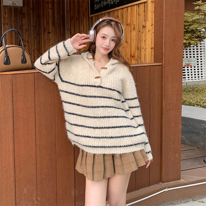 韩版休闲保暖连帽羊毛衫上衣女2025春秋季新款显瘦减龄学院风毛衣,针织衫/毛衣,蝶眷