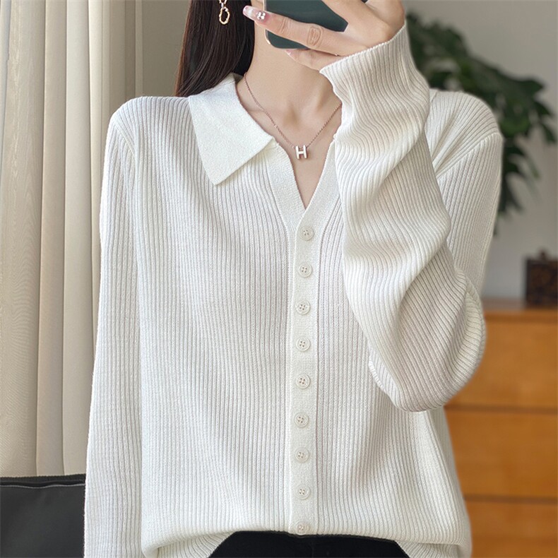 2025年秋季常规款通勤polo长袖开衫时尚百搭通勤休闲，女装针织衫/毛衣，森墨