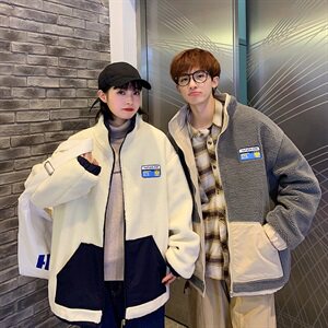 703-Y251 冬季男高品质加厚羊羔毛拼色外套贴标情侣双面穿图片