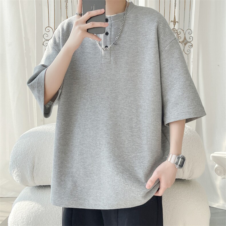 重磅华夫格亨利领短袖T恤男春夏美式潮牌简约宽松大码廓形体恤衫，男装T恤，电商A022