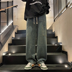 黑色工装复古牛仔裤男潮牌高街vibe美式痞帅cleanfit宽松阔腿裤子，男装牛仔裤，星座308B-2