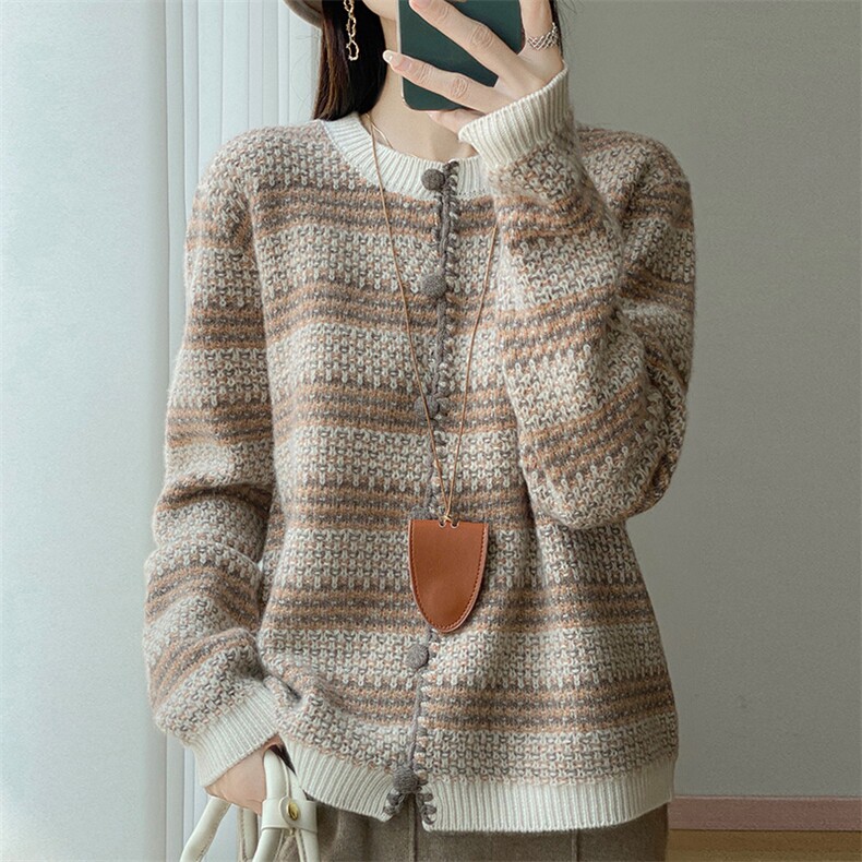 100%纯羊毛衫针织开衫女圆领复古拼色提花上衣宽松羊绒衫毛衣外套，女装针织衫/毛衣，江南羊绒