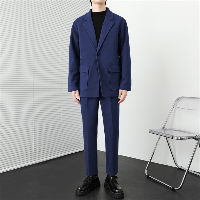 秋冬新款加绒加厚男士毛呢大衣套装三件套高级感港风男装两件套潮，男装西服套装，星座505-2（原电商A260-1)