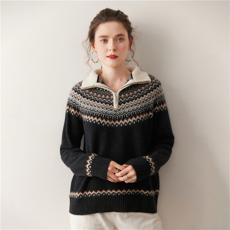 新款撞色翻领设计时尚百搭休闲风，女装针织衫/毛衣，广悦羊绒