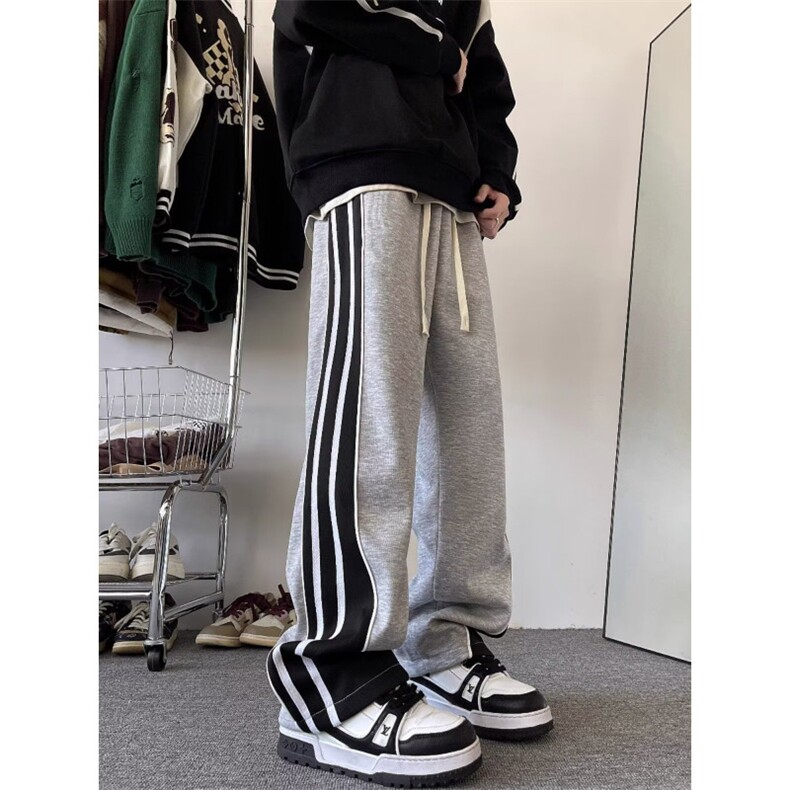 C168卫裤男款高街美式潮牌条纹拼接运动裤子宽松直筒阔腿休闲裤,男装休闲裤,星座308A-1（原309B-1）