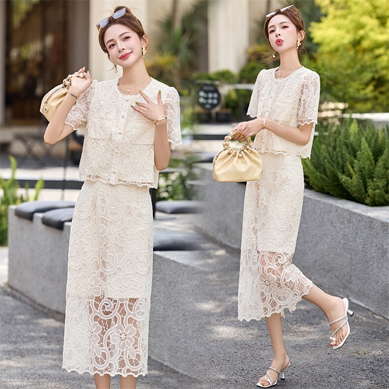 时尚蕾丝两件套裙2025年夏季新款流行气质设计感上衣半身裙套装女，女装套装/套裙，润尚靓点
