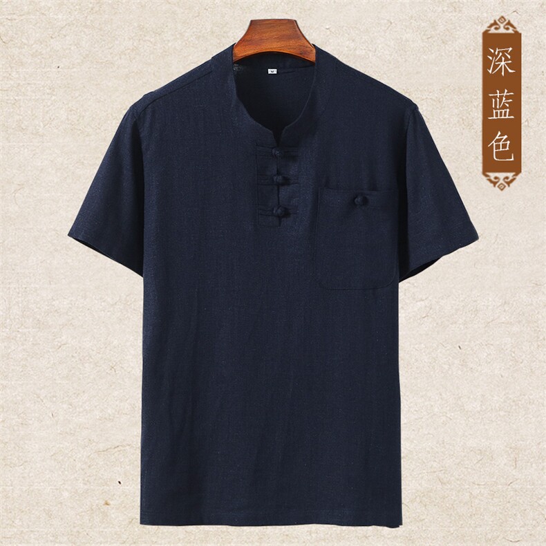主推款现货夏季高端男士中年亚麻短袖T恤中老年棉麻爸爸衬衫上衣,男装T恤,钱塘723