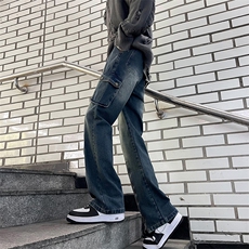 秋款男牛仔裤工装大口袋侧边开叉拉链休闲直筒长裤NK723P60，男装牛仔裤，星座1013-1
