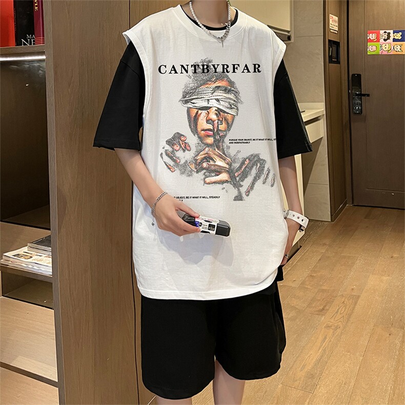 直播品质美式宽松纯棉背心无袖t恤短裤大码两件套套装TZ57-P58,男装T恤,电商A486