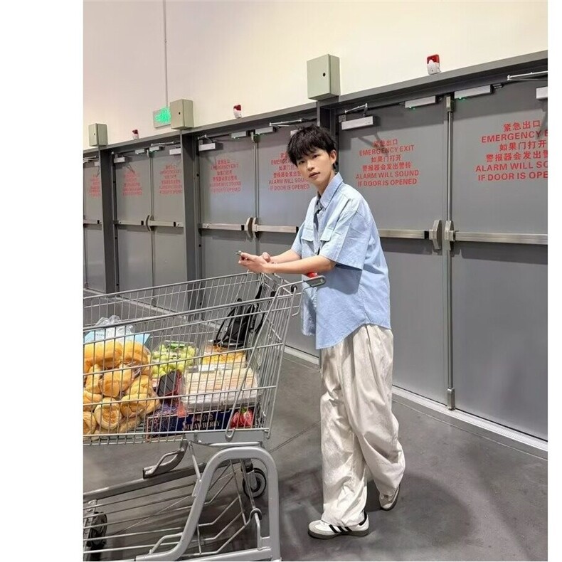 【有货】DC223-特批38蓝色翻领衬衫短袖纯棉男生夏季宽松衬衣,男装T恤,星座603-2