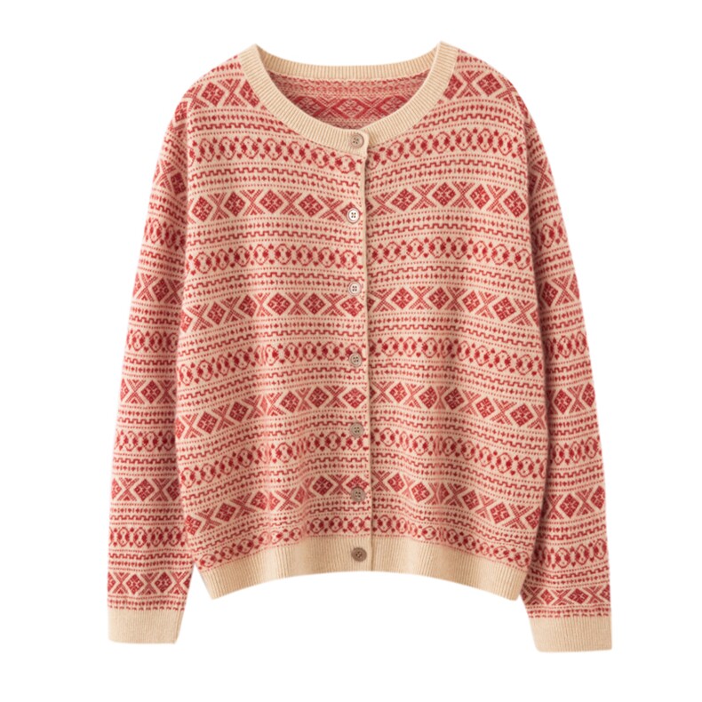 2025年秋季新款巴蒂女士提花圆领长袖开衫，女装羊绒衫，窄众羊绒