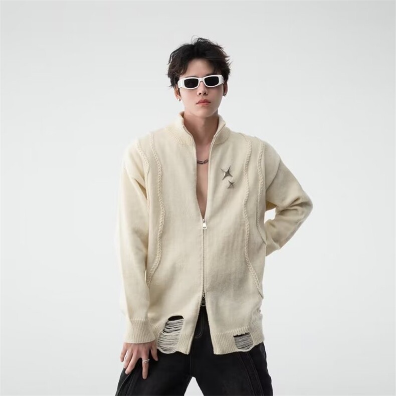 2024新款港风鹿毛绒毛衣破洞流苏开衫痞帅外套CC75-P58,男装针织衫/毛衣,星座1109-3