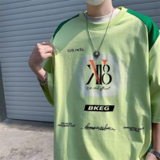 得物品质夏男短袖衬衫纯棉字母印花拼色短袖T恤衫T06P43，男装衬衫，星座1013-1
