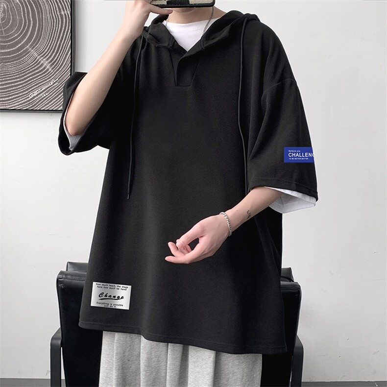 LD54062-P45连帽短袖t恤男大码胖子带帽五分袖中袖大皂风,男装T恤,电商A040