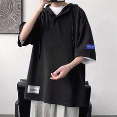 LD54062-P45连帽短袖t恤男大码胖子带帽五分袖中袖大皂风，男装T恤，电商A040