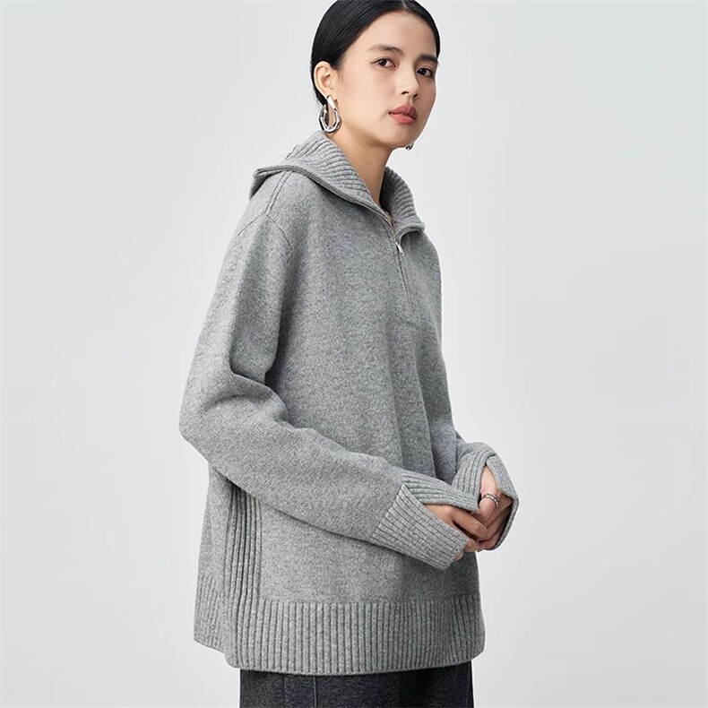 秋冬女士时尚宽松翻领羊毛拉链款针织衫,女装羊毛衫,挚尚羊绒