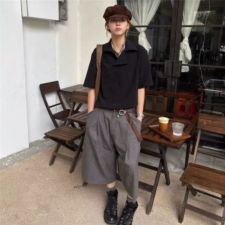 复古老钱风千鸟格休闲短裤男潮流简约夏季宽松百搭直筒阔腿七分裤,男装牛仔裤,星座506A