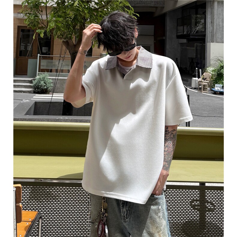 夏装2025新款千鸟格拼接翻领短袖T恤POLO衫夏季男装半袖S421特38，男装Polo衫，电商A233-1