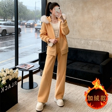 女秋冬新款时尚休闲套装宽松显瘦短款连帽毛领外套阔腿长裤两件套，女装套装/套裙，江南