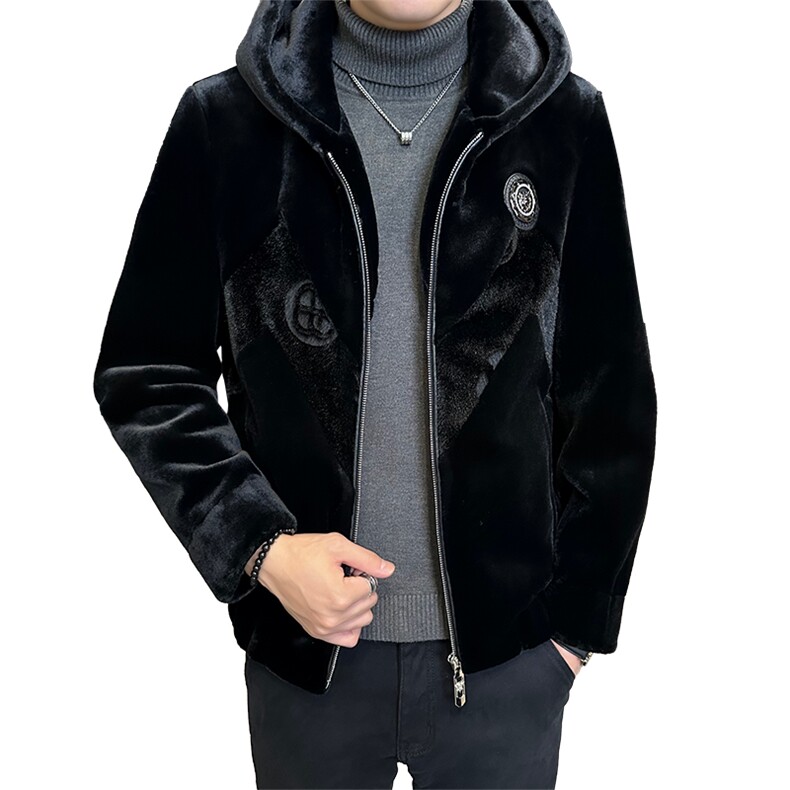 冬季加厚仿皮草男保暖爸爸装连帽商务夹克外套黑色ZX8930-P245,男装夹克,星座1105-3