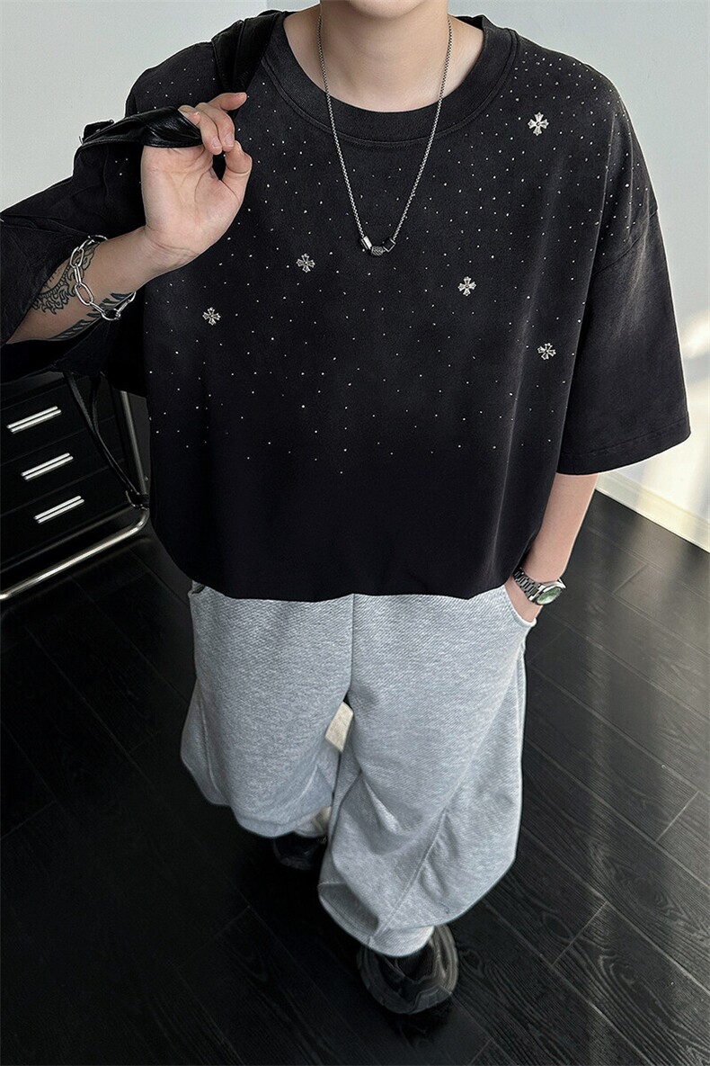 8XL-M满天星轻奢烫钻宽松版落肩纯棉短袖T恤新款夏百搭上衣DX337,男装T恤,电商D206-1