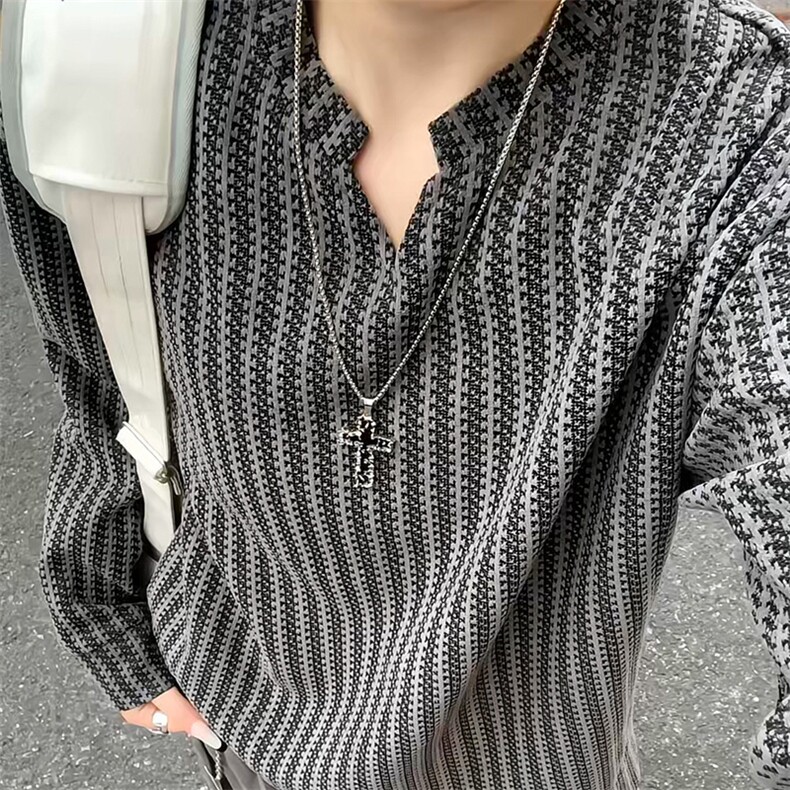 美式高街千鸟格子长袖T恤男女亨利V领英伦雅痞休闲宽松长袖打底衫,男装T恤,电商A443
