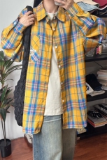 wassuphappy黄格长袖衬衫男款春秋季潮牌复古宽松衬衣服休闲外套，男装衬衫，电商A003