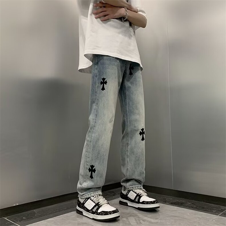 欧美高街十字架牛仔裤男美式嘻哈vibe风街头直筒喇叭裤Z2217P48图片