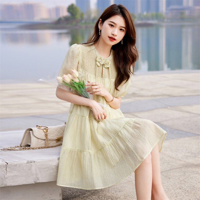 2023新款夏季女装天丝泡泡袖短袖显瘦减龄连衣裙,女装连衣裙,安之芮娜