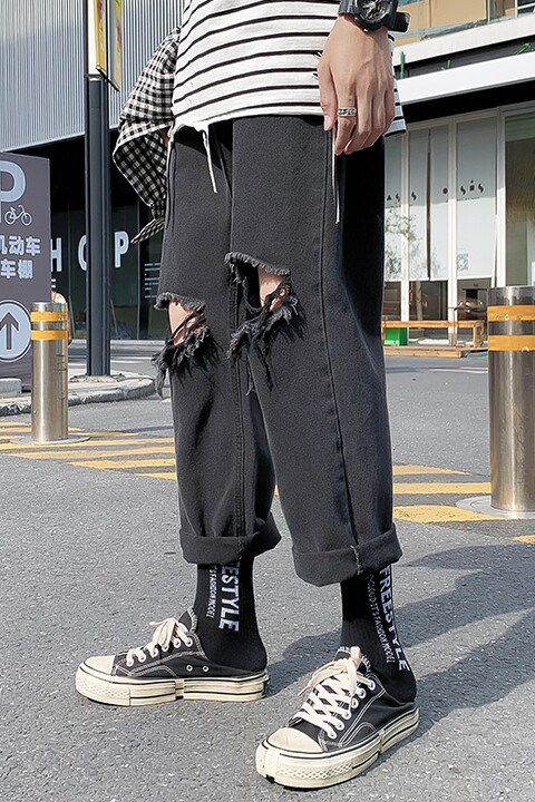 现货夏季chic潮流破洞牛仔裤九分裤宽松休闲直筒裤s08,男装牛仔裤,星座1008
