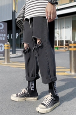 现货夏季chic潮流破洞牛仔裤九分裤宽松休闲直筒裤s08，男装牛仔裤，星座1008